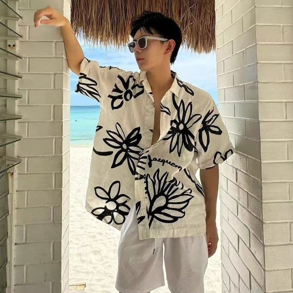 MEFEEE เสื้อโปโลผู้ชาย คอคิวบา ผ้าฝ้ายพรีเมียม ลายดอกไม้สไตล์วินเทจเกาหลี ระบายอากาศได้ ใส่สบาย