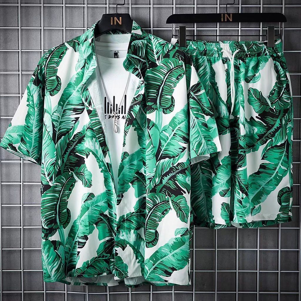 Hawaiian vacation beachwear for men, trendy casual suit, men's short-sleeve shirt and shorts, loose 