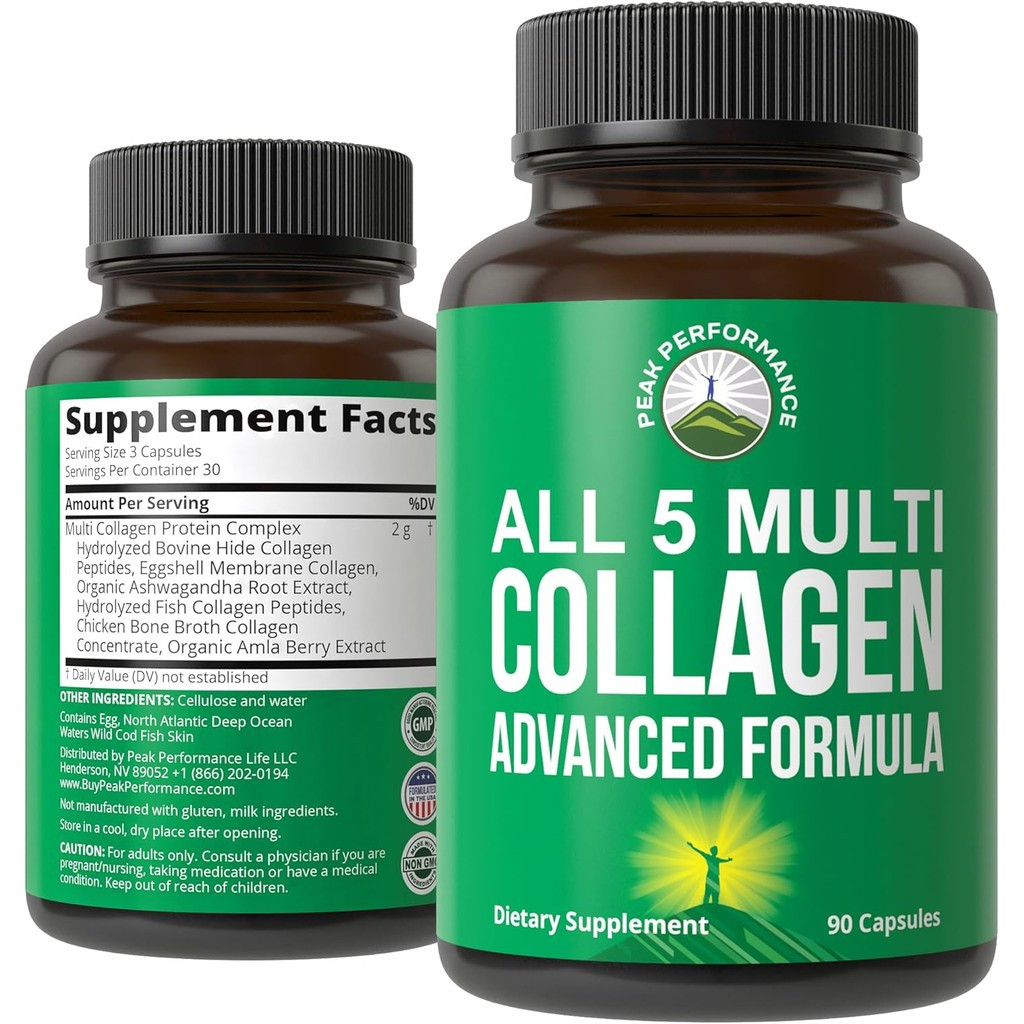 Peak Performance All 5 Multi-Collagen Capsules 90 เม็ดของ Grass Fed Peptides พร้อมคอลลาเจนทุกประเภท 