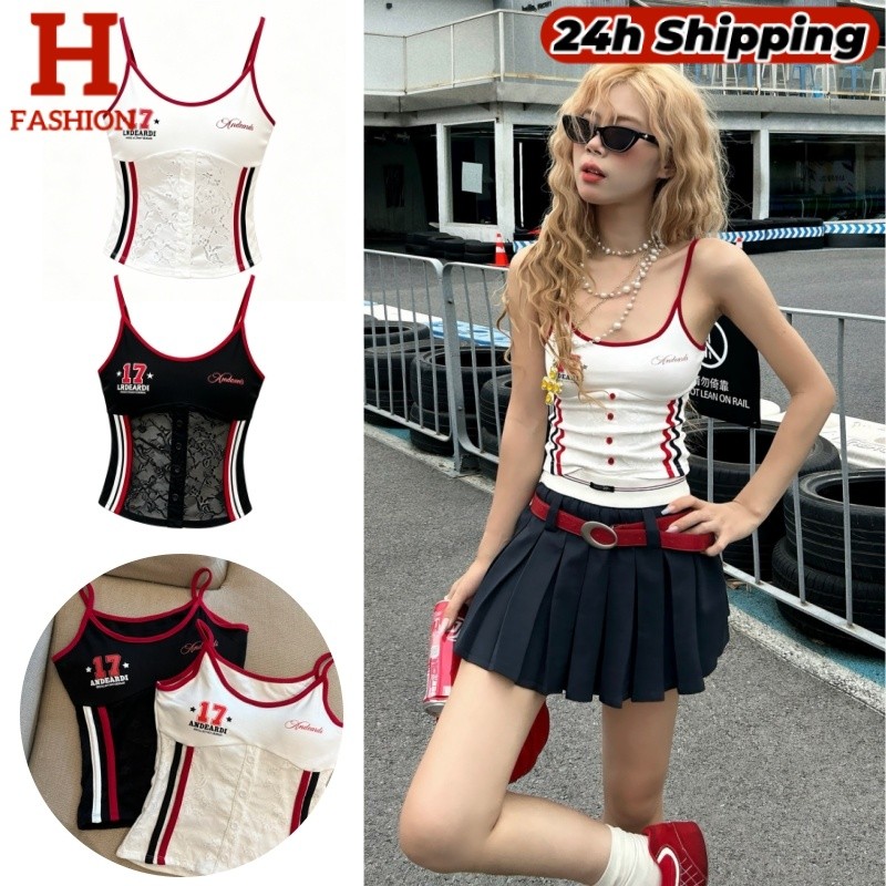 HOT 'พร้อมส่ง' เสื้อสายเดี่ยว ดีเทลลูกไม้แต่งกระดุม ปักเลขเก๋ๆ เข้ารูปผ้านุ่มสบาย FY10185