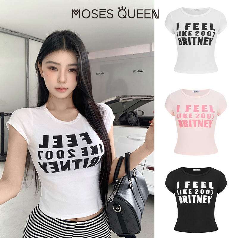 MOSESQUEEN 2026 เสื้อยืดแขนสั้นผู้หญิง ลายอเมริกันเรโทร สไตล์.slim และ Spice Girl สำหรับชีวิตประจำวันและการเดินทาง #63512