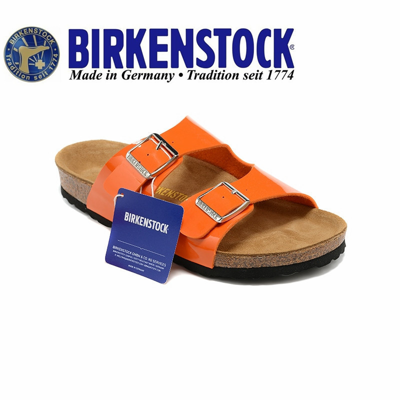 BIRKENSTOCK เบอร์เกนสต๊อก เบอร์เกนสต๊อก เบอร์เกนสต๊อก คอร์ก ผู้ชายและผู้หญิงสองปุ่มสีส้มสีแดงกระจกรองเท้าแตะ ฟลอริดา 34-46