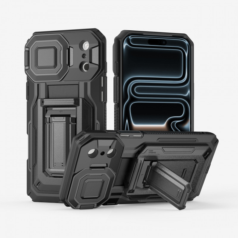 เกราะหนักกันกระแทกกระเป๋าสตางค์ผู้ถือบัตร Kickstand สําหรับ iPhone 17 Pro Max 16 15 14 Pro Max 16 Plus เลนส์เลื่อนป้องกัน Hard ทนทานฝาครอบกันชนด้านหลัง