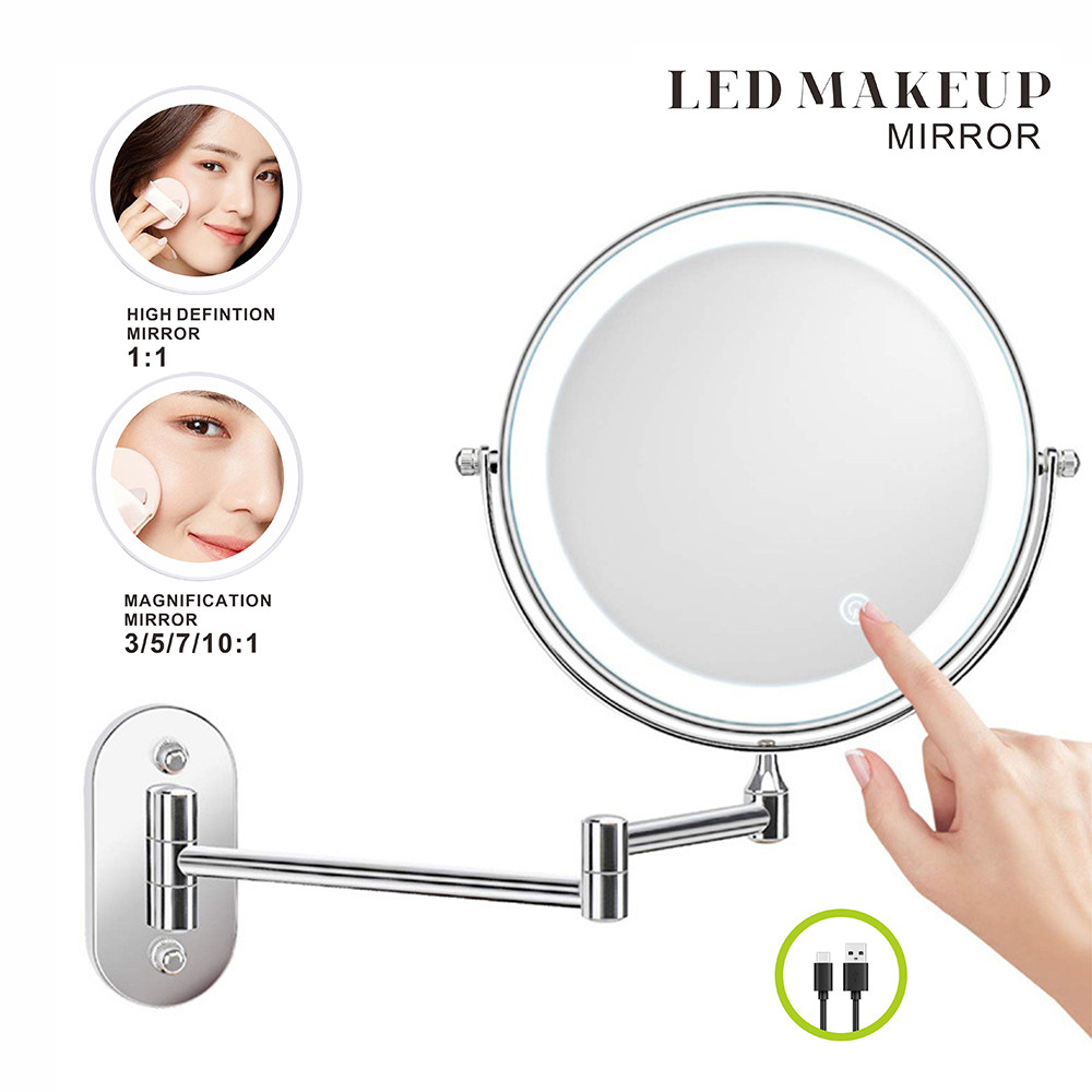 8 นิ้ว LED กระจกแต่งหน้า 3x/5x/7x/10x แว่นขยายสองด้าน USB ชาร์จห้องน้ํา 3 สีสมาร์ทกระจกเครื่องสําอาง