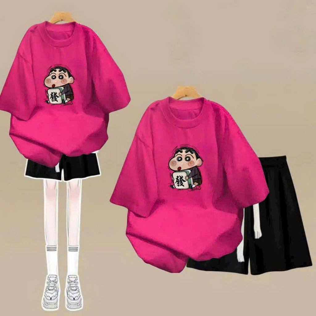 Set กางเกงขาสั้นเกาะอกใหญ่ธรรมดา + เสื้อยืดพิมพ์ลายหลวมผสม SIN-SHOP BIO FALL FASHION