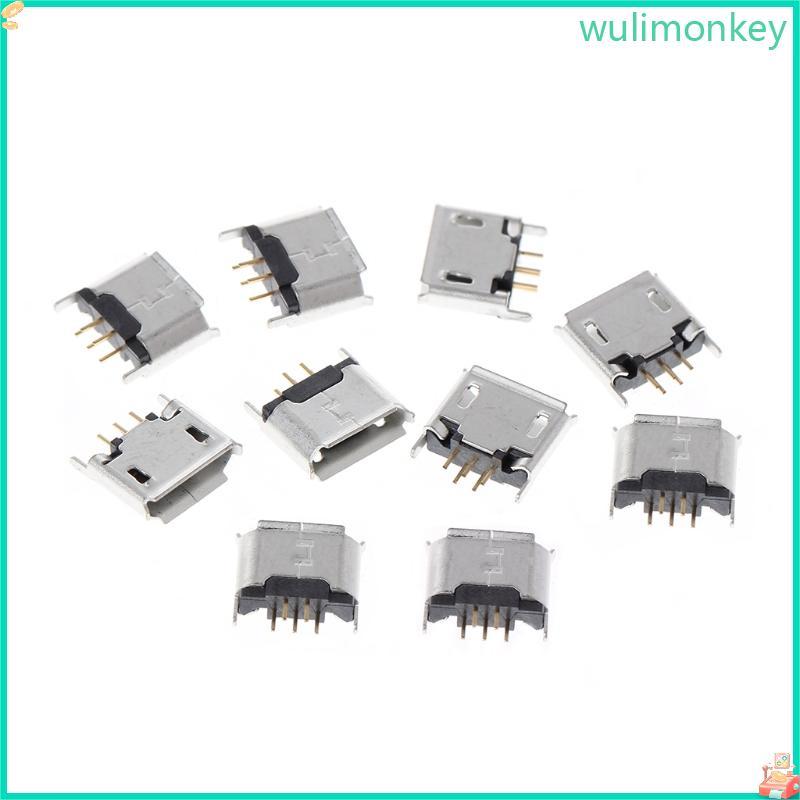 WU 10 ชิ้น Micro USB Type B ซ็อกเก็ตหญิง 180 องศา 5 พิน SMD SMT แจ็คบัดกรี