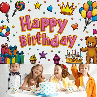 ฉากวันเกิดเด็ก ผ้าตกแต่ง สุขสันต์วันเกิด แบนเนอร์พื้นหลังสัตว์เด็กผู้ชายและเด็กผู้หญิง