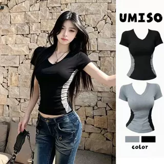 UMISO 2สี ส่งไวจากไทย คอวี เสื้อยืดผู้หญิง สีสันตัดกัน ทรงสลิมฟิต