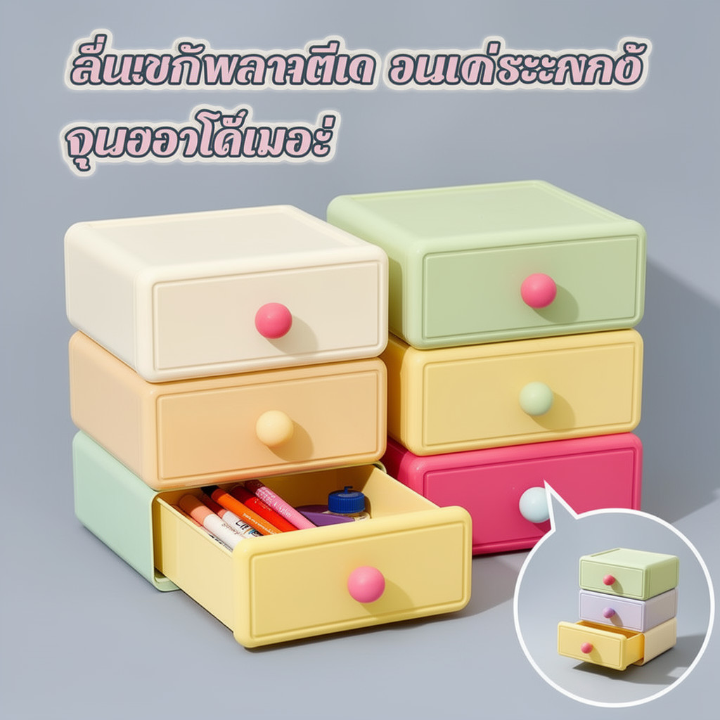 ลิ้นชักพลาสติกออแกไนเซอร์กล่องเก็บของตั้งโต๊ะวางซ้อนกันได้กันฝุ่นความจุขนาดใหญ่เครื่องเขียนแต่งหน้า
