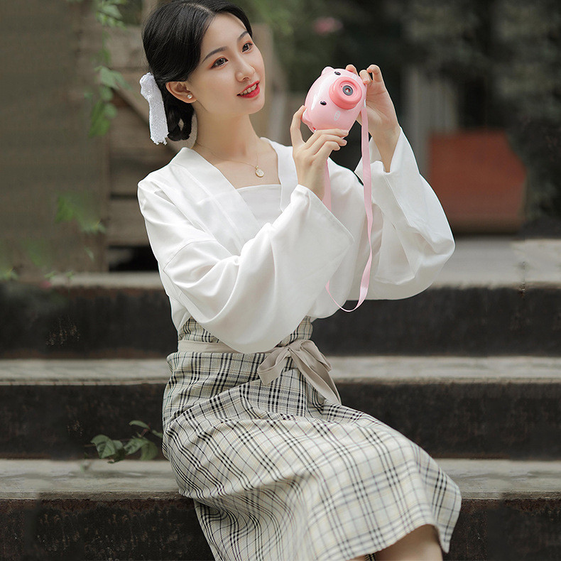 KA0 100%0RI Hanfu Xuanqing เพลงทํามือชิ้นเดียวแขนเครื่องบินสไตล์ฤดูร้อนทุกวันลายสก๊อต Song-made spin