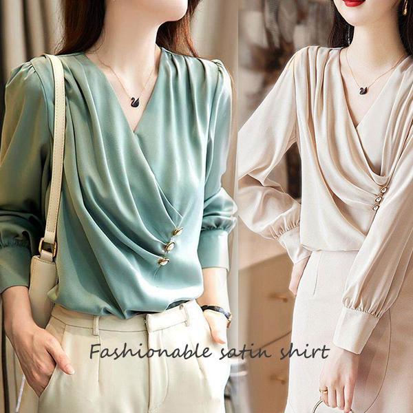mimi&didi#เสื้อเชิ้ตผ้าซาตินแขนยาวไซส์ใหญ่ ดีไซน์คอวีแบบฝรั่งเศส หรูหรา มีระดับ ทรงหลวม เหมาะสำหรับใส่ทำงาน#W713