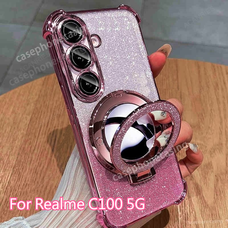 เคสโทรศัพท์สําหรับRealme C100 4G 5G 2026 ปลอกGlitterกระจกขาตั้งแม่เหล็กGlitterชุบซิลิโคนกันกระแทกเลนส์ป้องกันปกหลัง