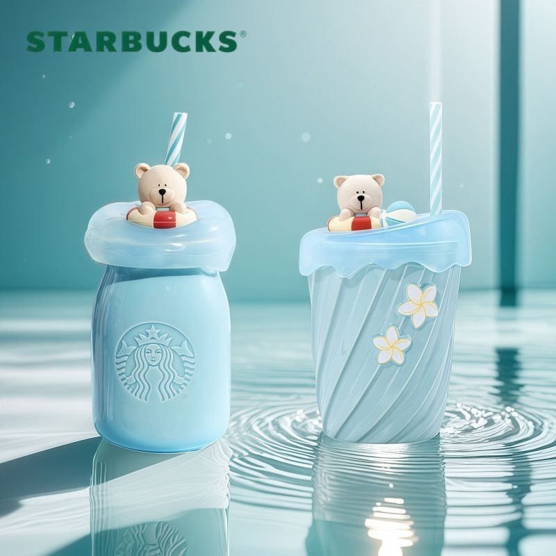 Starbucks Cup 2025 Happy Yi Series สามมิติรูปแบบน้ํา Bear Store Manager พร้อมฝาปิดแก้วเซรามิคถ้วยฟาง
