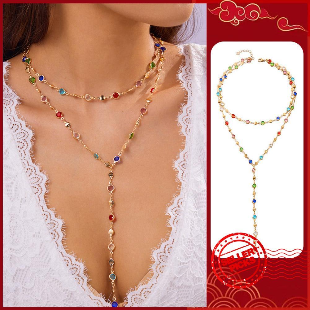 แฟชั่นสองชั้น Boho หัวใจสีสันเพทายจี้สร้อยคอยาว Choker Chain ผู้หญิงโลหะ D2O8