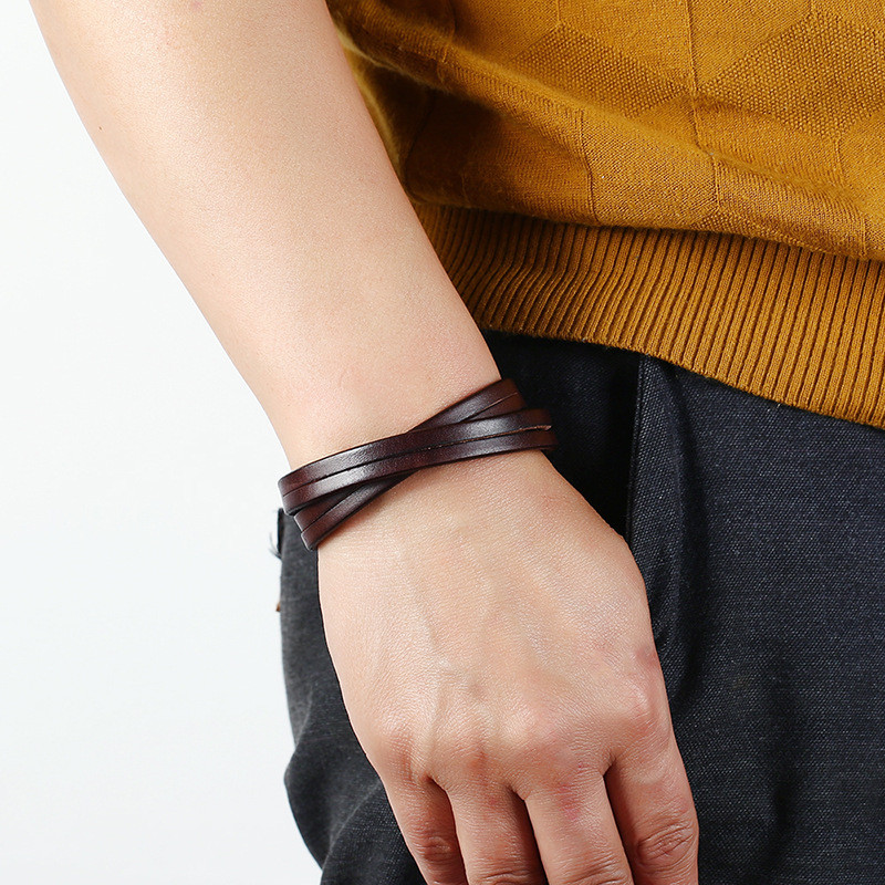 สร้อยข้อมือหนังวัวแบบคลาสสิกวงคู่ สไตล์เรโทรและฟอร์มัลด์ เหมาะสำหรับผู้ชาย