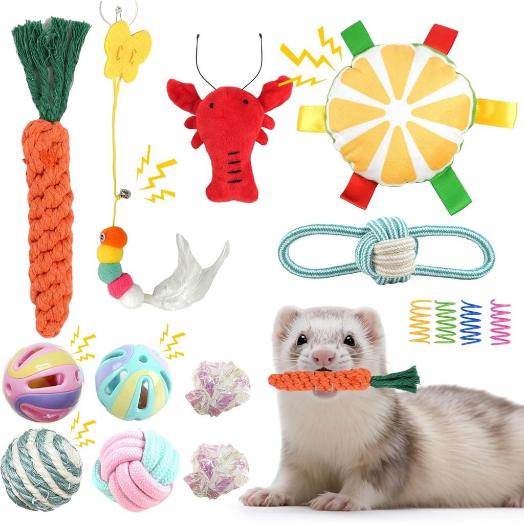 15 แพ็ค Ferret Chew ของเล่นและอุปกรณ์เสริม Ferret Bell Balls Squeaky Teething สัตว์เลี้ยงของเล่น Fer