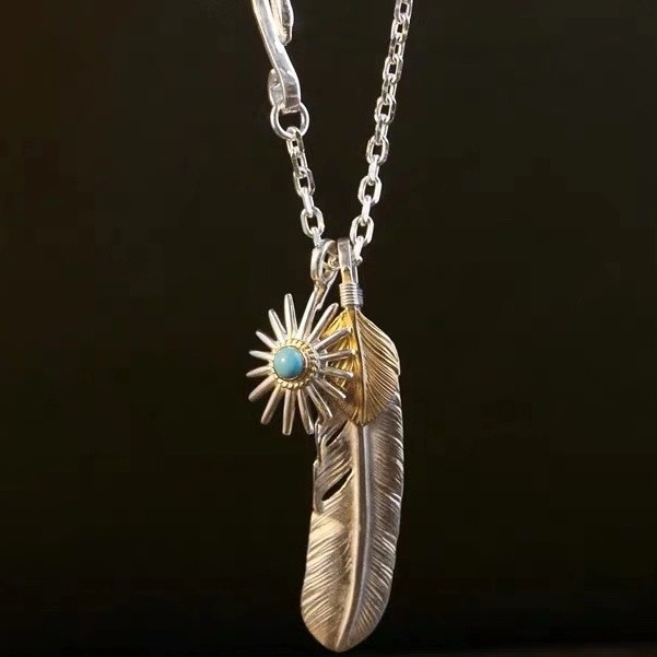 GORO'S s925 Sterling Silver Seiko Sunflower Feather Necklace Pendant