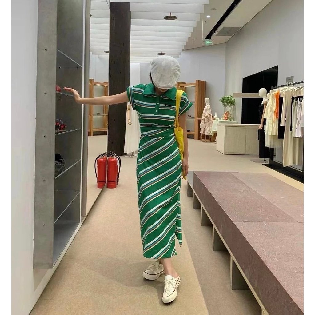 muu muu กระโปรงลายเส้นตัดกันสีสดใส แขนสั้น สไตล์ใหม่สำหรับฤดูร้อน