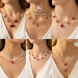 สร้อยคอน่ารักสตรอเบอร์รี่โบว์ลูกปัดสไตล์ Y2K พร้อม charm lay…