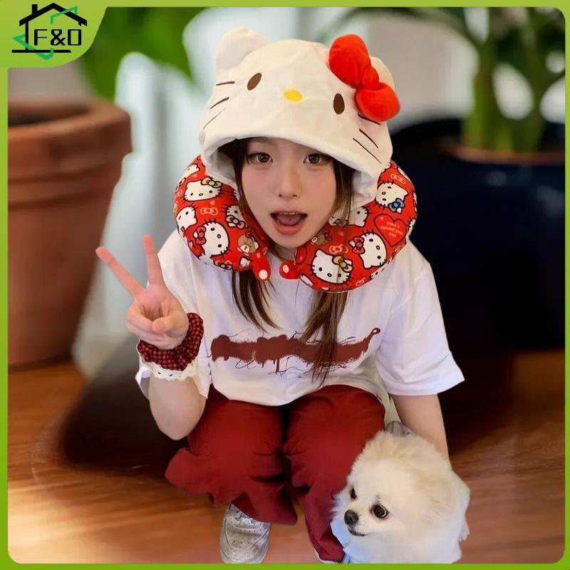 F&O Soft Plush Print Hooded Neck Travel U-shaped สําหรับเครื่องบินรถไฟรถ Soft Plush Sleeping Support.