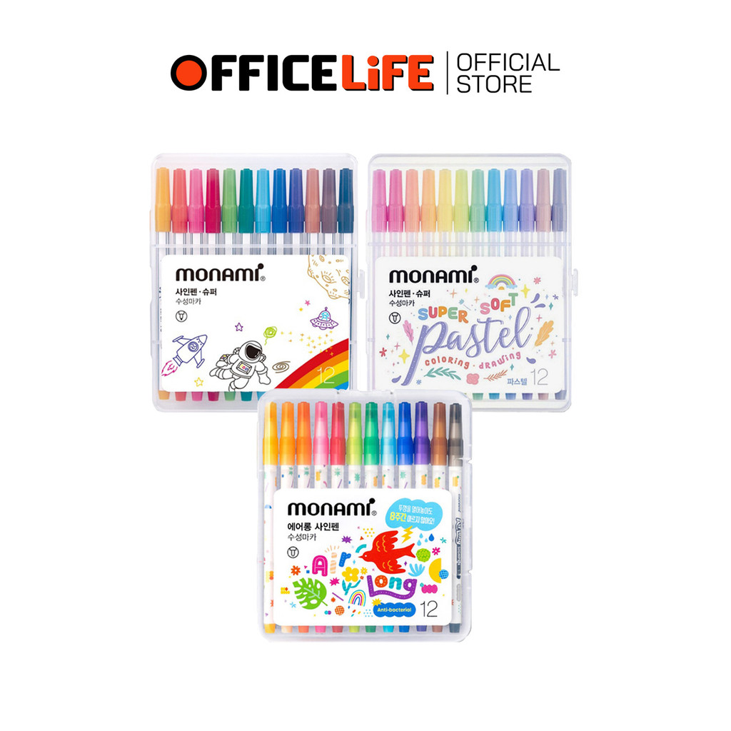 Monami (โมนามิ) ปากกาเมจิก ปากกา Sign Pen รุ่น Basic / Pastel / Air Long แบบ 12 สี ( 1 กล่อง )