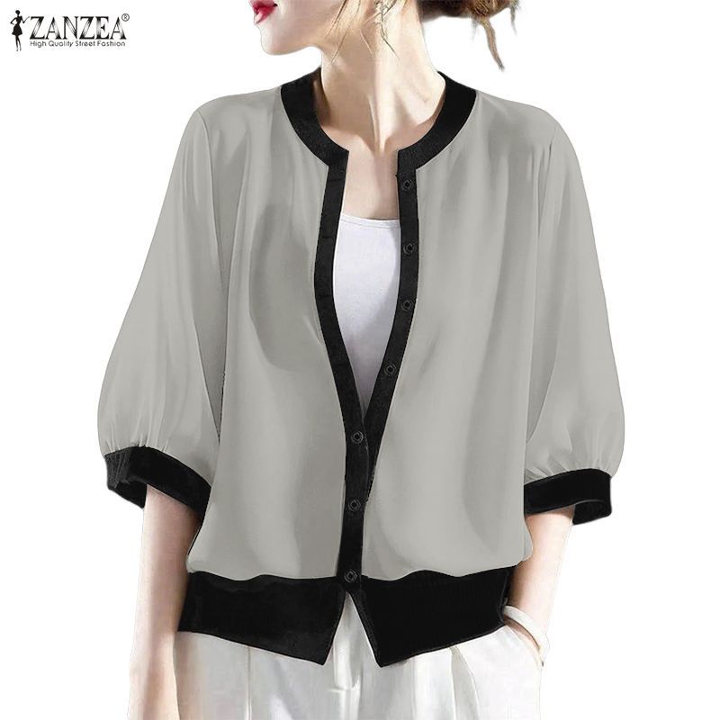 ZANZEA เสื้อลูกเรือสำหรับผู้หญิง สไตล์เกาหลีหรูหราและสวมใส่ง่าย ดีไซน์แขนยาว 3/4 กับการตัดเย็บที่เป็นคอนทราสต์ — صورة 6