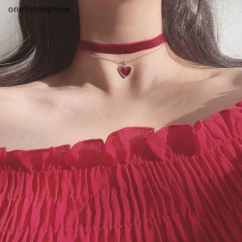 Onetimingnice สร้อยคอโชคเกอร์กํามะหยี่จี้หัวใจเครื่องประดับแฟชั่นวาเลนไทน์ OTN