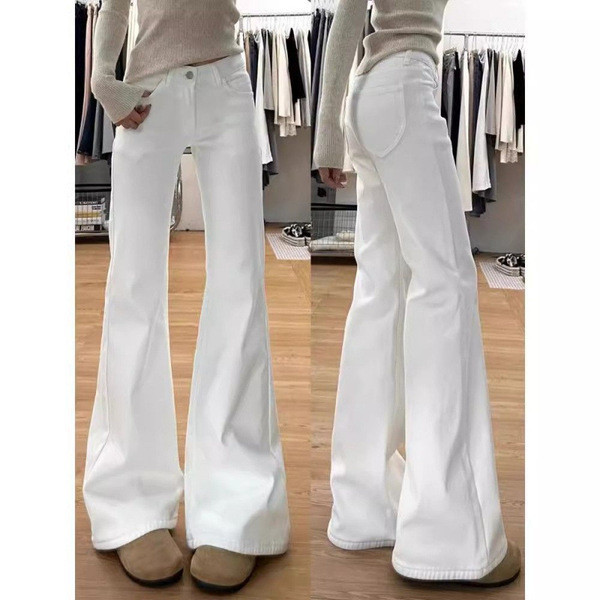 กางเกงขาม้า baggy jeans หญิง กางเกงวอร์ม กางเกงยีนส์ขาบานสีขาวสำหรับผู้หญิง ทรงslimmer พร้อมการออกแบ