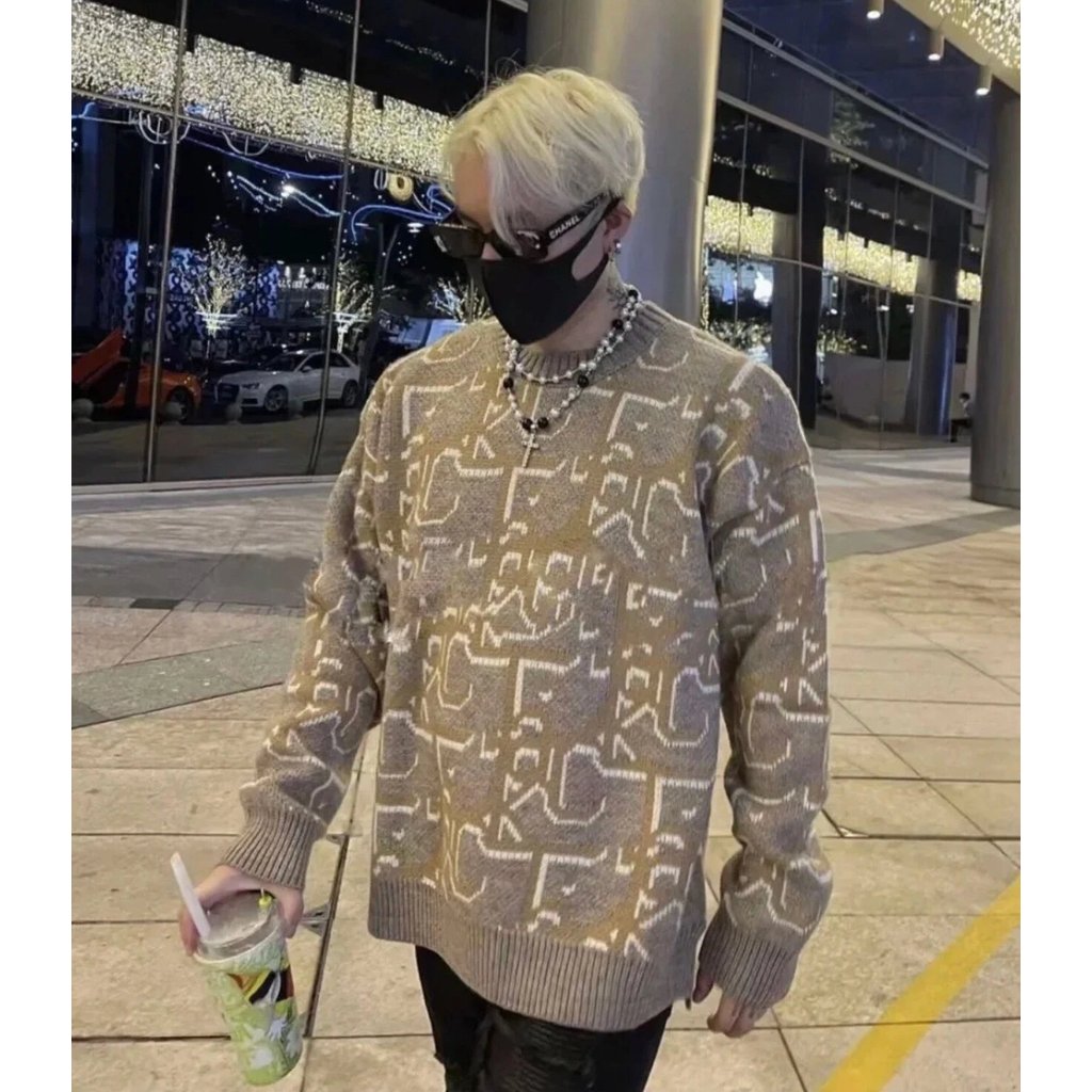 DIOR DIOR เสื้อกันหนาวผู้ชาย Street สวมใส่เก่ารูปแบบ Art Letter Jacquard รอบคอ Contrast สีพิมพ์ High