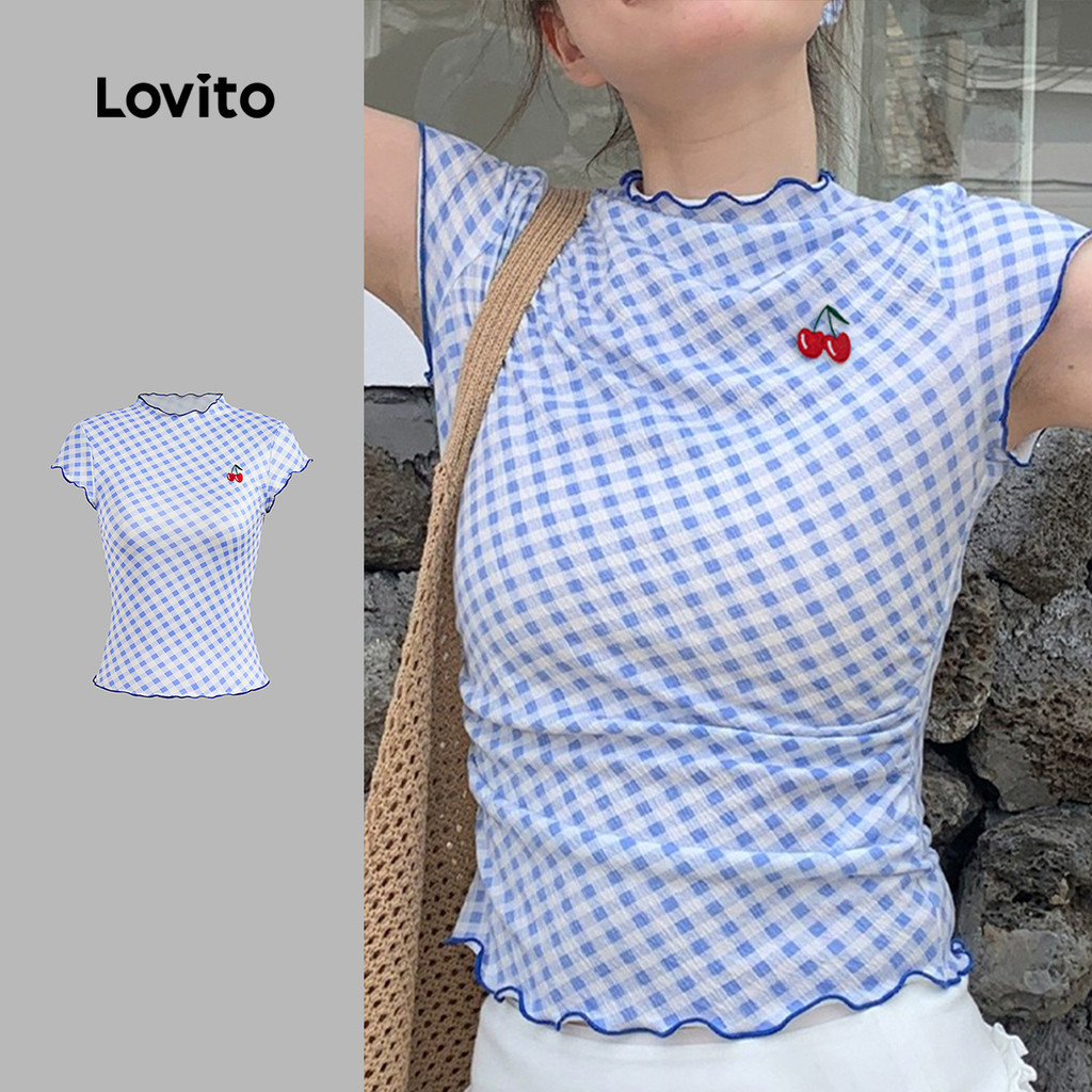 Lovito เสื้อยืดลำลองสำหรับผู้หญิง สไตล์คลาสสิก ปักลาย สวมใส่สบาย เหมาะสำหรับฤดูใบไม้ผลิ/ฤดูร้อน สีฟ้