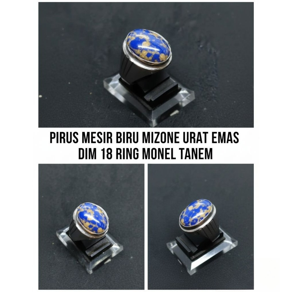 Blue Egyptian turquoise Mizone gold vein monel ring dim 18