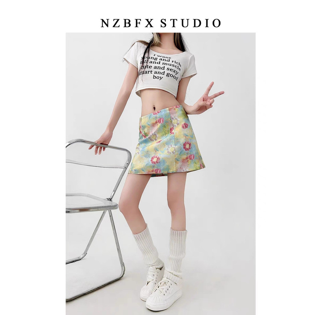 กางเกงขาสั้นสบาย Korean shorts cicishop1 กระโปรงดอกไม้ลายเปื้อนสีสดใส เอวสูงแบบ A-line พอดีตัว กระโป