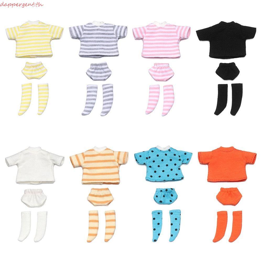DAPPERGENNT Ob11 เสื้อผ้าตุ๊กตา, เสื้อยืดกางเกงขาสั้นถุงเท้าตุ๊กตาชุดชั้นใน, DIY ของเล่นถักเสื้อกันหนาวผ้าฝ้ายสามชิ้น OB11 ลายท็อปส์ตุ๊กตา BJD