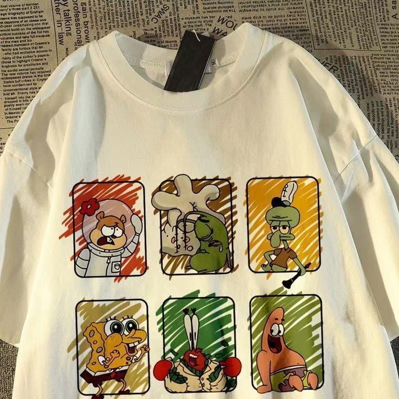 เสื้อยืดแขนสั้นสไตล์ฮ่องกง พิมพ์ SpongeBob SquarePants สำหรับทั้งผู้ชายและผู้หญิง ทรงหลวมรอบคอมีสไตล์ ราคา ถูกที่สุด ดีลบีเคเค แกลเลอรีภาพที่ 4