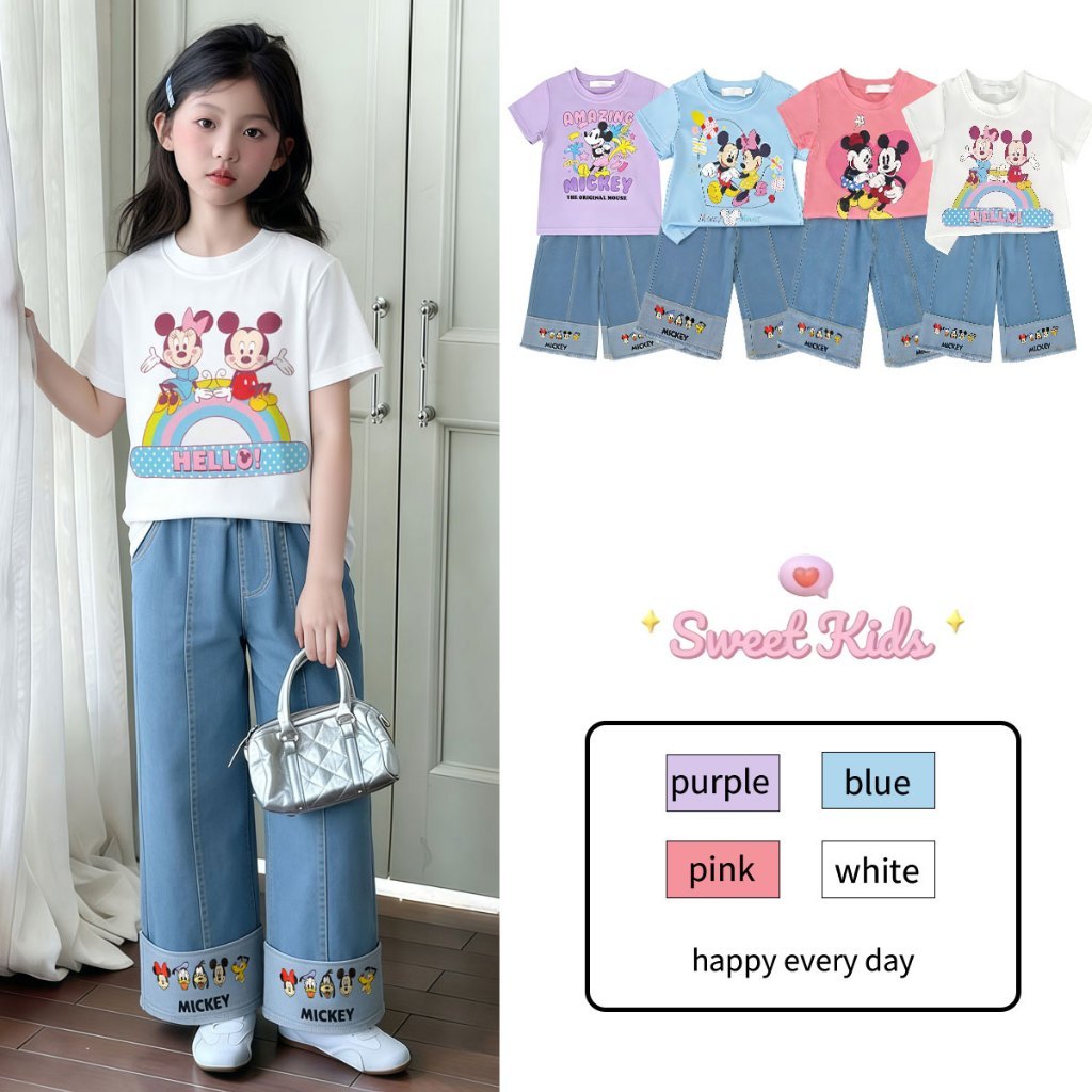 SweetKids พร้อมส่งจากกทม🌸ชุดเด็กผู้หญิง🍓ชุดเซตเด็กสไตล์ตะวันตก เสื้อยืดแขนสั้นแฟชั่น กางเกงยีนส์ลำลอง ลายมิกกี้เมาส์
