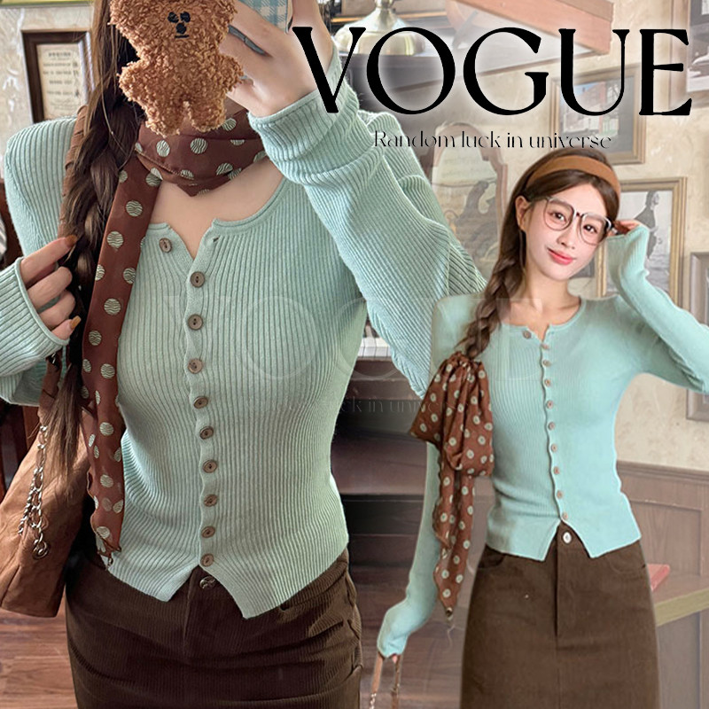 Vogue🌟พร้อมส่ง🌟 เสื้อแขนยาวคอกลม กระดุมด้านหน้าสีเขียวมิ้น แถวผ้าพันคอสีน้ำตาล (FY7106#1)