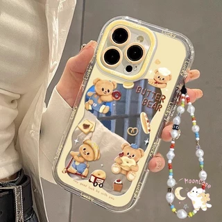 เคสไอโฟน17 เหมาะสำหรับ IPhone 12 14 16 11 15 17 13 Pro Max XR X XS Max 15 16 7 8 Plus เคสโทรศัพท์ลายหมีเนยพร้อมกระจก