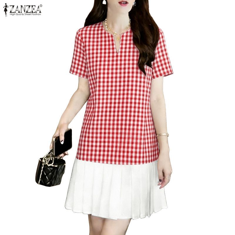ZANZEA กระโปรง A-line สไตล์เกาหลีเรโทร chic ลายตารางเช็กเกอร์ แขนสั้น pleating splicing — صورة 6