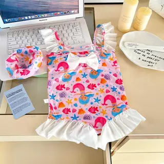 Dolemi Baby ชุดว่ายน้ำเด็ก หมวกคลุมหัว วันพีซ สำหรับเด็กหญิง ลายน่ารัก มีโบว์ หน้า-หลัง ผ้าไนลอน