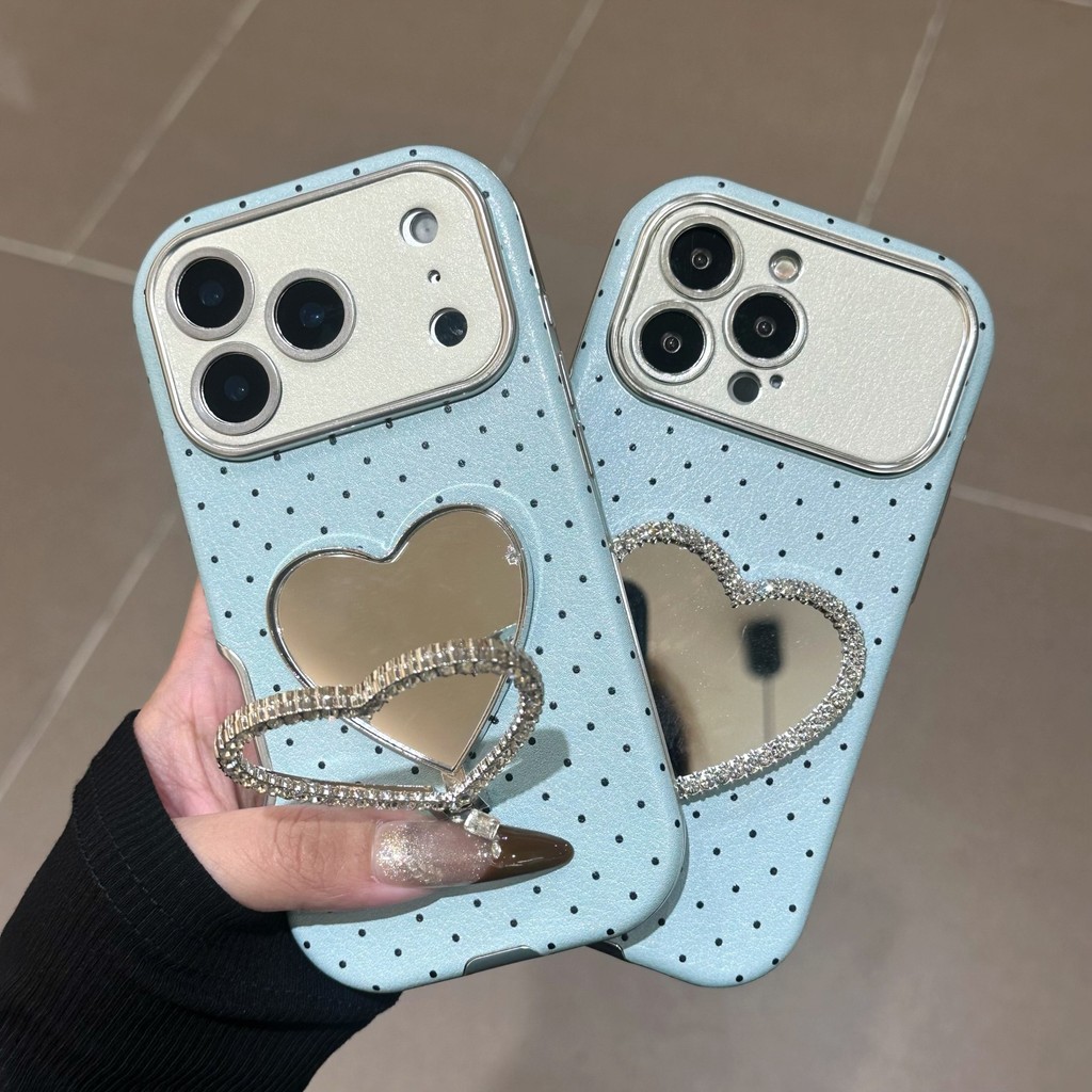 ยอดนิยม ins สีฟ้า polka-dot หนังรูปหัวใจผู้ถือกระจกเคสโทรศัพท์สําหรับ iPhone17promax 16pro 15 14 plus 13 12 11 promax