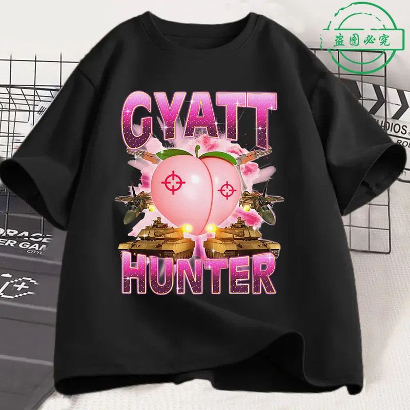 เสื้อยืดลายมีมตลก Gyatt Hunter สำหรับผู้ชายและผู้หญิง แฟชั่นวินเทจ แขนสั้น ผ้าฝ้าย 100% เสื้อยืดโอเว