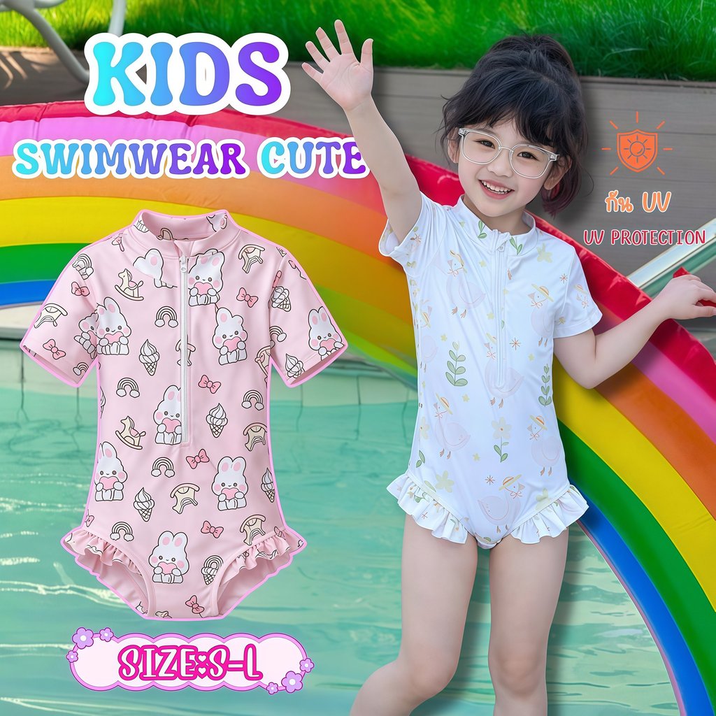 BABY BEACH ชุดว่ายน้ำเด็กผู้หญิง แขนสั้น ซิปหน้า ลายน่ารัก กัน UV แห้งไว ใส่สระ/ทะเล Size S M L  Y453