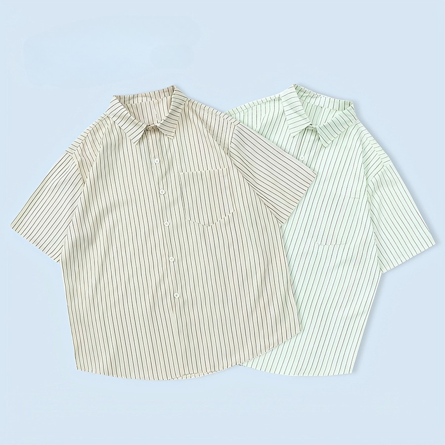 Chaistyle เสื้อเชิ้ตแขนสั้น เสื้อเชิ้ตลายทาง สีอ่อน แนววินเทจสไตล์ญี่ปุ่น แบบหลวมลำลอง