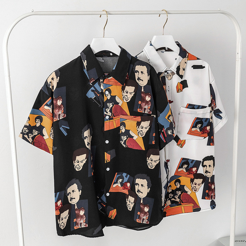Floral shirt for men, short-sleeved white shirt, Korean style, trendy, stylish, casual, summer thin 