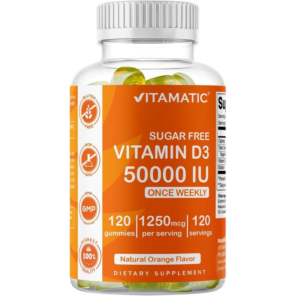 Vitamatic วิตามินปราศจากน้ําตาล D3 50,000 IU อาหารเสริมรายสัปดาห์ - กัมมี่ที่ใช้ 120 Pectin - แคปซูล