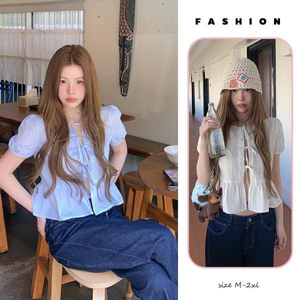 mimi&didi#เสื้อเชิ้ตดีไซน์แบบปิดด้วยเชือกรูดผ้าลูกไม้สำหรับผู้หญิง แขนเสื้อพองทรงหลวมใส่สบายสำหรับไซส์ใหญ่ในฤดูร้อน#W715
