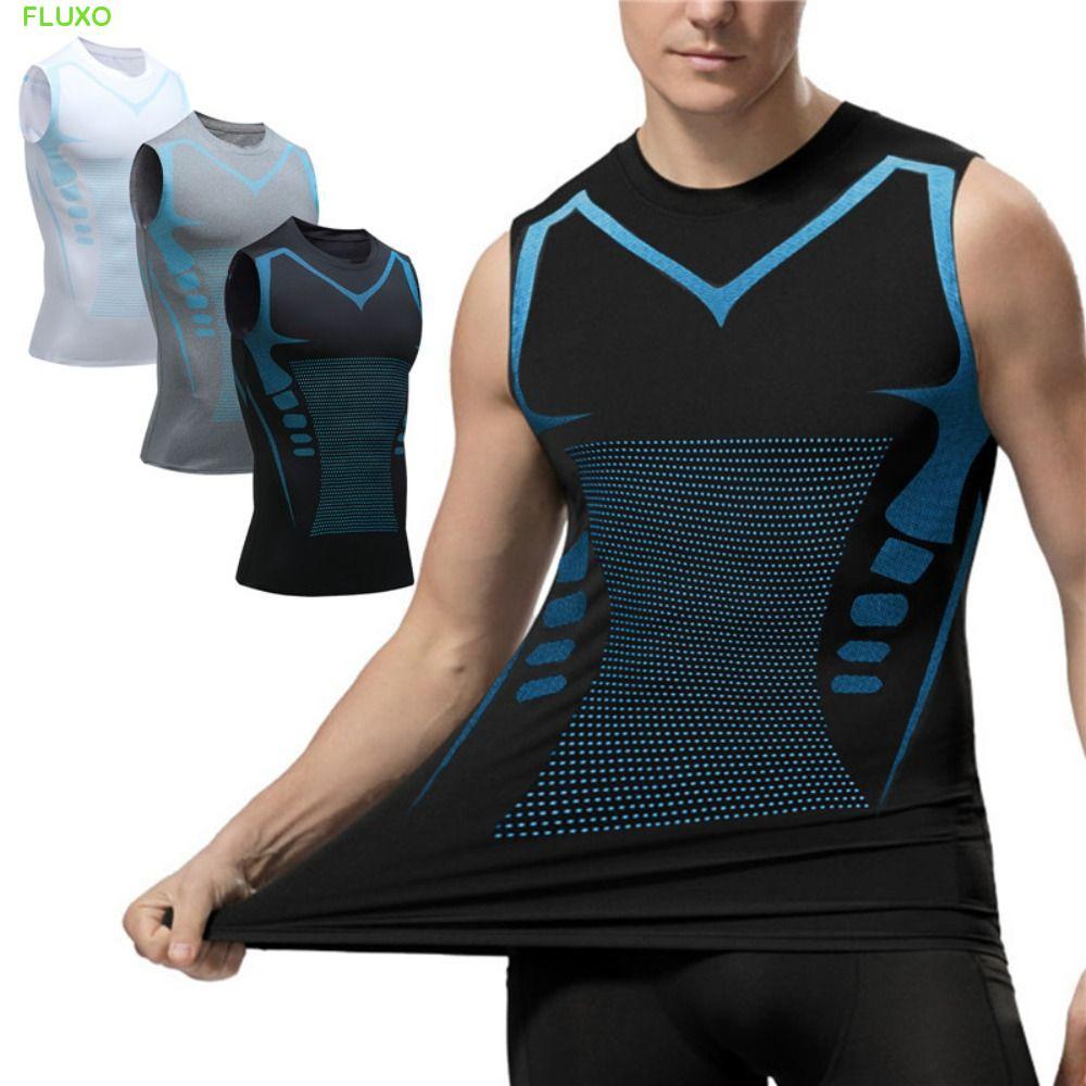 FLUXO Men Ice-Silk Slimming Vest, Body Shape Quick-Dry Ionic Shaping Vest, Elastic Top Tummy Control Sleeves สบายเสื้อการบีบอัดเสื้อกล้ามกีฬาฟิตเนส