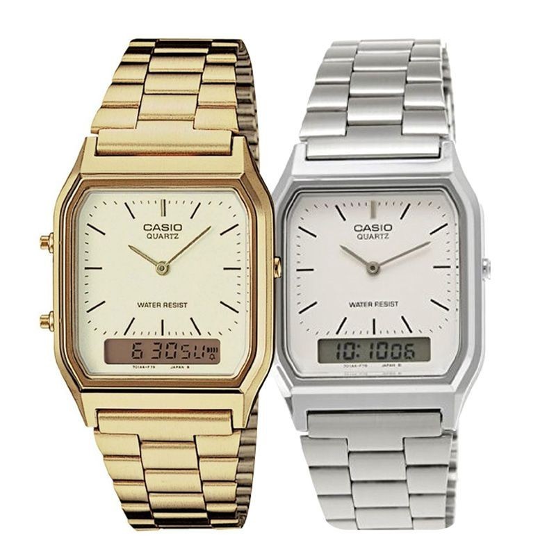 ยุโรป Retro นาฬิกาสี่เหลี่ยมเล็กนาฬิกาเหล็กชายหญิงนักเรียน Dual Display นาฬิกานาฬิกา AQ-230GA-9D/7D