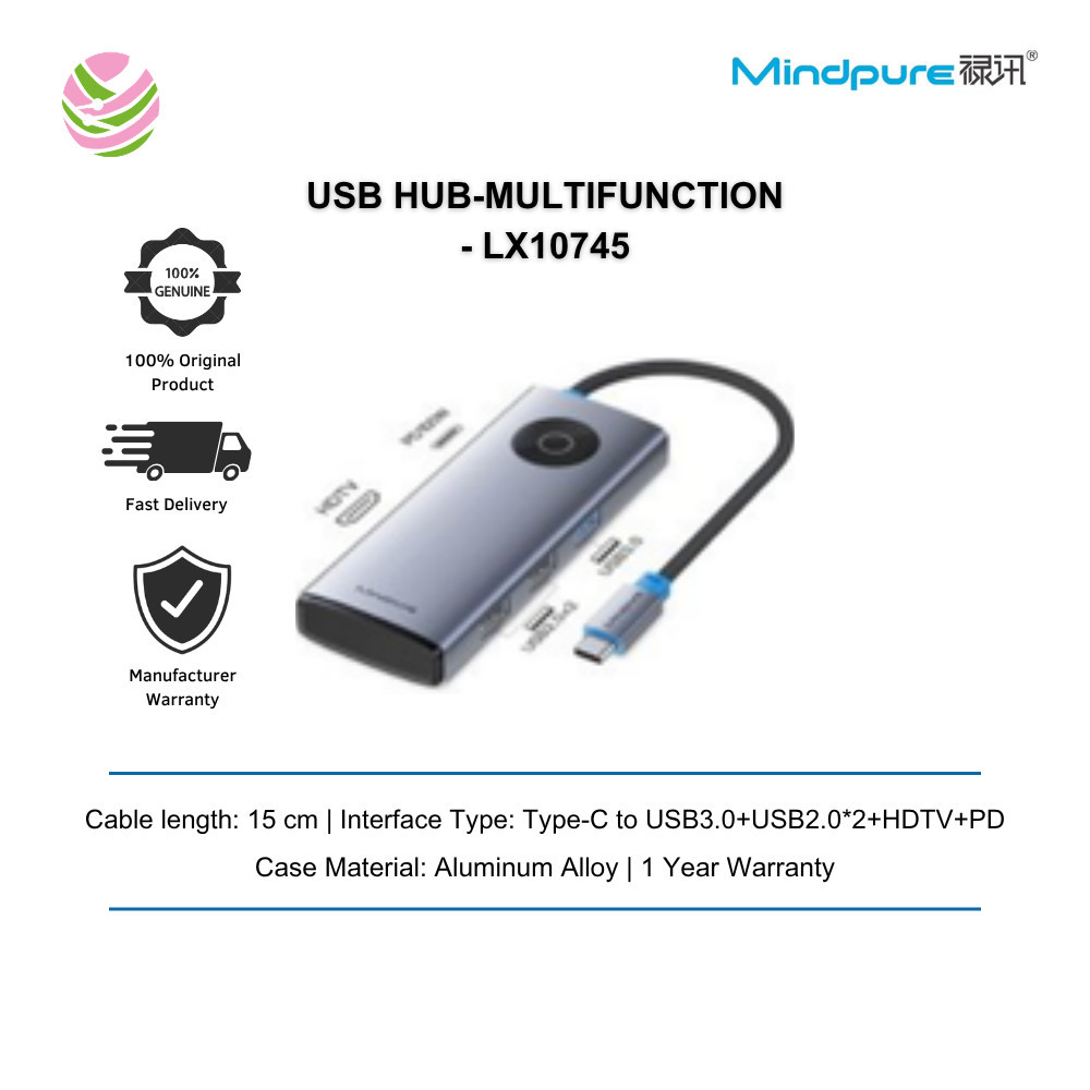 MINDPURE USB HUB-MULTIFUNCTION (HU014)-Type-C to USB3.0+USB2.0*2+HDTV+PD 5-in-1 - LX10745