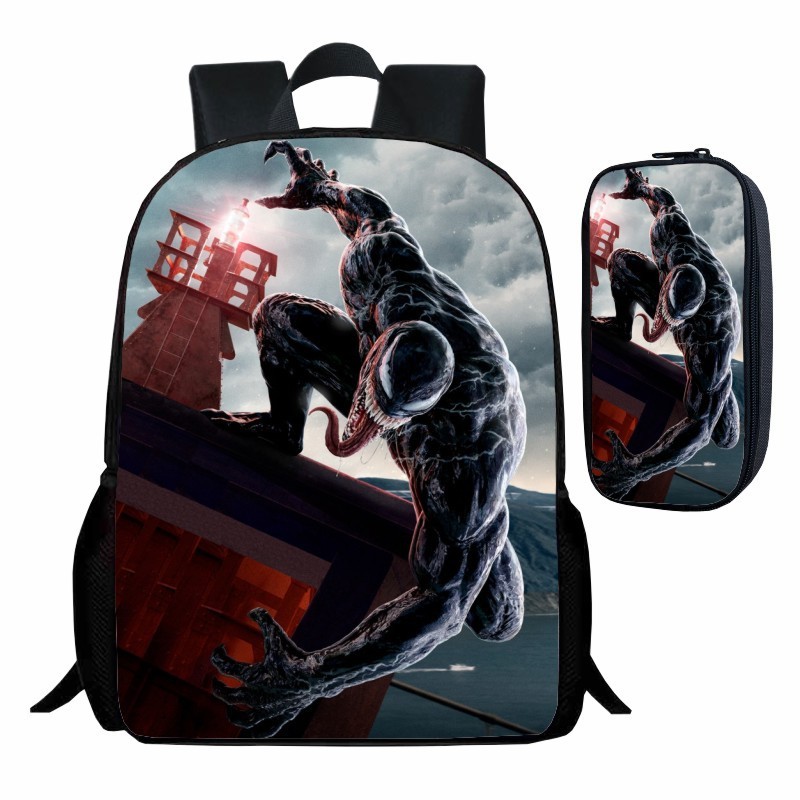 2 ชิ้น/ชุด กระเป๋าเป้สะพายหลังเด็ก + กระเป๋าดินสอ  Venom 3D การ์ตูน กระเป๋านักเรียนประถม สะดวกสบายทน